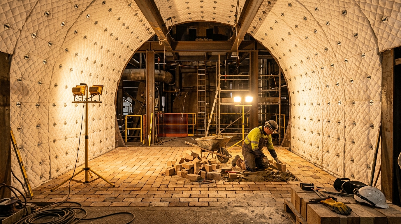Interior de horno industrial con revestimiento refractario e iluminación de trabajo
